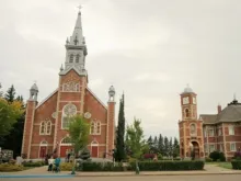 St. Jean Baptiste Catholic Church in Morinville, Alberta, before it burned down on June 30, 2021.